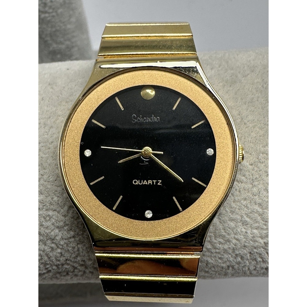 Schandra Ladies Watch New Battery 31MM 8"‎ Gold Tone Black Dial E38